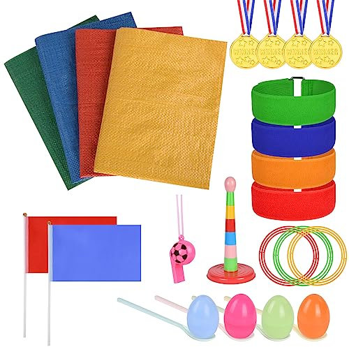 Flintronic 4 in1 Set di Festa per Bambini, Corsa con i Sacchi/Gioco Uovo e Cucchiaio/Corsa a 3 Zampe/Gioco di Lancio dell'Anello, Set di Giochi da Esterno, Kit di Giochi per Bambini e Famiglia
