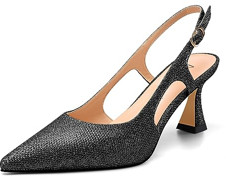 Aachcol Femmes Slingback Mi Aiguille Talon Heel Pointu Bout Escarpins Paillettes Dress Boucle Lanières Cheville Danse 6.5 CM Heels Noir 45 EU