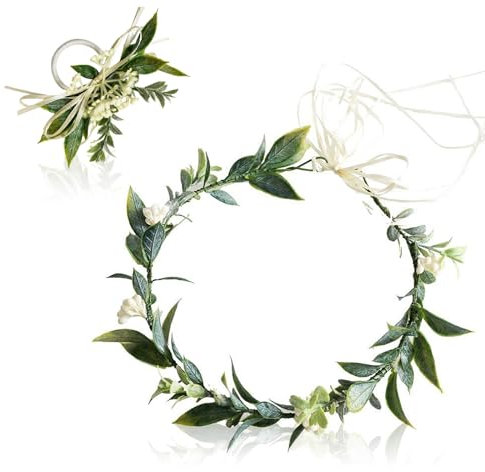 XNIVUIS 2 Stück Blumenkrone und Blumen am Handgelenk Blumenkrone für Mädchen Boho Kronengirlande Künstliche Blumenkrone Brautstirnbänder Blumenstirnband Verstellbares Blumenkronen Set(2 Stück)