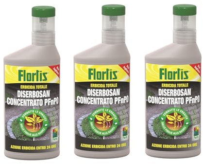 Flortis Diserbosan erbicida concentrato. Pack da 3pz di erbicida totale contro erbe infestanti, muschi, alghe. Diserbante totale. Utilizzo fogliare. Diserbante per erbacce a rapido effetto. 500ml.
