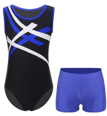 Sxiwei Kinder Jungen Gymnastikanzug Ärmellos Kontrast Farbe Sportlich Bodysuit Tanztrikot Und Shorts Kinder Tanz Kleidung Set Blau 134-140