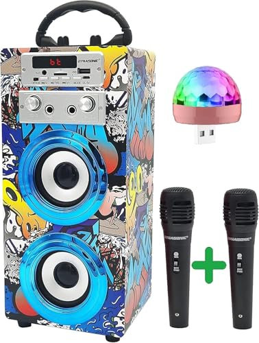 Máquina de Karaoke Portátil DYNASONIC, Altavoz Karaoke con 2 Micrófonos, Altavoz Bluetooth, Luz USB incluida, Lector USB y SD, diseño Exclusivo, Regalo Original (025-16 luz)