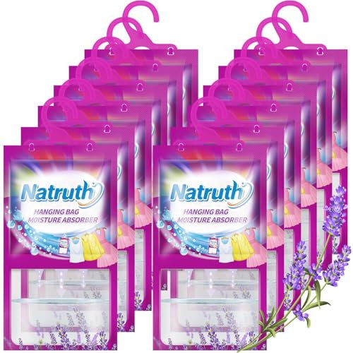 NATRUTH High Capacity Hanging Moisture Absorber Bag,12 packs Lavender Dehumidifier Bags for Closet,Home, Bathroom,Basement,278g Per Bag, Lasting Damp Absorption