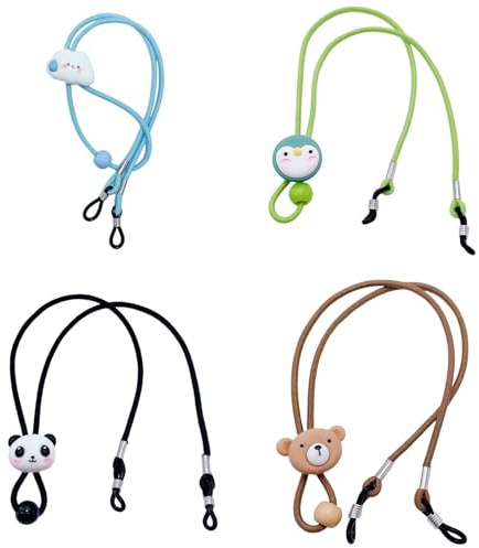 DBAILY glasögonband, 4 stycken justerbara glasögonkedjor, glasögonband för kvinnor, barn, män (brun björn + blått smiley-moln + svart och vit panda + grön pingvin), BRUN, En Storlek