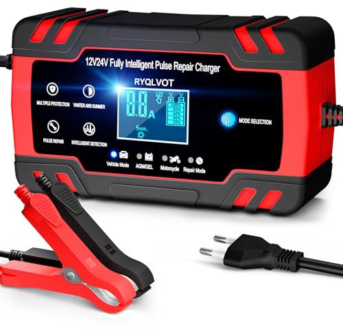 Caricabatteria per Auto 8A 12V/24V Caricabatteria Intelligente Mantenitore Automatico Caricabatterie Manutentore per Auto Moto Camion Barche Batteria con Schermo LCD