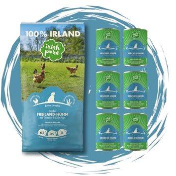 Irish Pure Junior Huhn – Hundefutter - 12kg + 6x390g - Trockenfutter & Nassfutter für Welpen – getreidefrei – mit Freiland-Huhn, Gemüse & Kelp-Alge – ohne Zusätze & künstliche Stoffe - Sparpaket