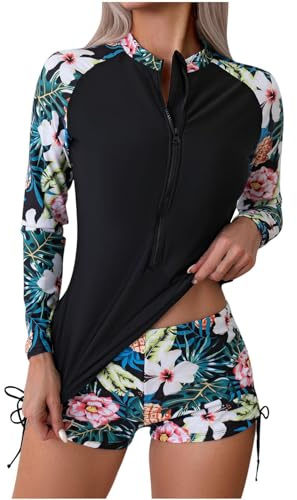 Womens Rash Vest Long Sleeve UV UPF 50+ Bathing Suit Womens Swim Shorts and Top Set 2 Piece Swimsuits Rash Guard for Surfing Beachwear Quick Dry Swimming Costume Set Sports Modest Swimwear