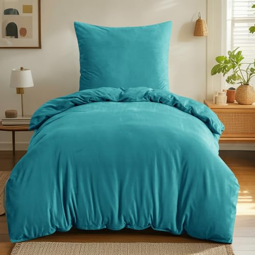 Aisbo Vinterplysch sängkläder 155 x 220 2 delar turkos – fluffigt varmt påslakan och örngott 80 x 80 cm, teddy fleece sammet kashmir touch vintersängkläder med dragkedja