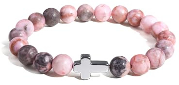 VGWON Bracelet Pierre Naturelle Cadeau Femme de Croix Rose 8 mm - Bracelet Bijoux Perle Cadeau Anniversaire Femme Communion Noël Merci Maitresse Maman Fille Grand-mère Sœur Amie Collègues