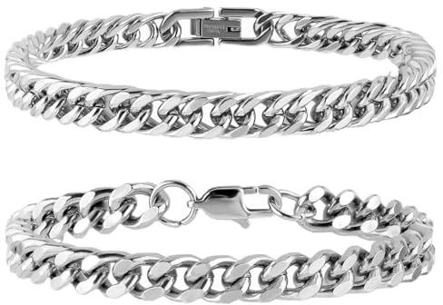 GAUEIOUR 2 Pcs Cuban Link Bracelet,Silver Sturdy Stainless Steel Cuban Link Chain for Men Women Jewelry Set,Figaro Chain Bracelets Franco Wrist for Boyfiend Lover