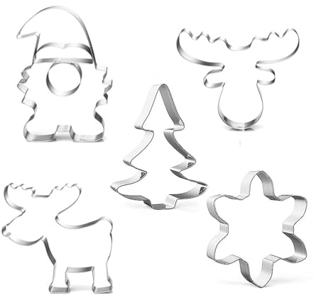Large Christmas Cookie Cutters,5 Pieces Stainless Steel Metal Christmas Cookie Cutters Shapes Instruction Elk Head, Elk, Snowflake,Santa Face and Snowflake for Baking
