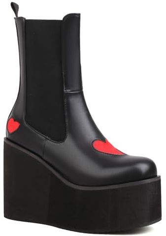 Genérico Mujer Punta Redonda Charol Botas Punk Tacón De Cuña Alto Chelsea Botas De Tobillo Tirón Plataforma Botines,Black2,38.5 EU