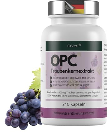 EXVital® OPC Estratto di semi d'uva - 240 capsule - dosaggio elevato con 500 mg per capsula - da uve francesi - testato in laboratorio e vegano