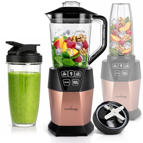 LEHMANN Frullatore Elettrico & Smoothie Maker 2-in-1, Caraffa 1500 ml e Bicchiere Portatile 800 ml, 4 Programmi, 6 Lame in Acciaio Inox, Parti Lavabili in Lavastoviglie, Potenza 1000 W, Oro Rosa