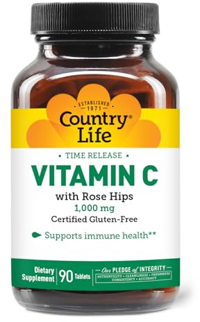 Country Life Vitamin C 1000mg with Rose Hips – Time Release Immune Support Supplement – Antioxidant Protection – Vegan, Gluten-Free, Preservative-Free – 90 Tablets