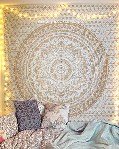 raajsee Metallic Gold Tapestry Wall Hanging Mandala-Bohemian Dorm Decor Hippie Tapestries-Boho Bedding Golden bedspread yoga mat throw