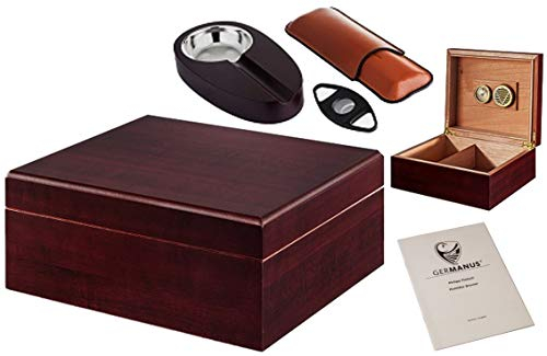 GERMANUS Zigarren Humidor Set mit Cutter, Zigarrenetui und Ascher in Braun