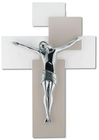 CROCIFISSO CROCE DA PARETE MODERNO 19X27 LEGNO TORTORA BIANCO CRISTO COLORE ARGENTO LUCIDO ME12102N