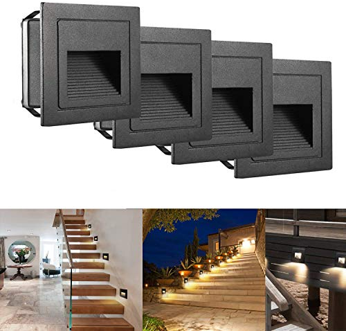 SUBOSI 3W Applique Encastré Murale, IP65 étanche Lumières d'escalier Carré, Blanc chaud Aluminium Applique avec Boîte Encastrée, 230V Eclairage Mural alu escalier encastrable marchepied,Lot de 4,noir