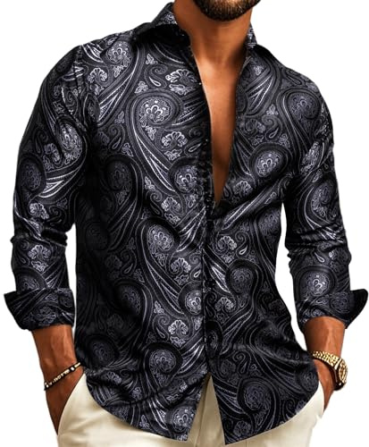 Barry.Wang Men Shirts,Paisley Flower Woven Silk Dress Shirt Long Sleeve Big and Tall , Black Grey, Large - B(23 )/W(22 )/ SW(19 )