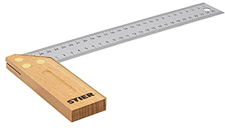 STIER Anschlagwinkel 90° / 45° | Schreinerwinkel, Buche, 300 mm, Griffhohlkehle, Doppelseitiger Messingbeschlag