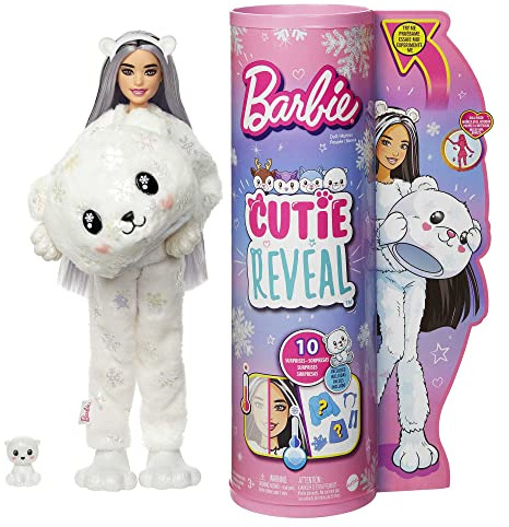 Barbie Cutie Reveal Serie Invierno Disfraz Animal Revela una muñeca articulada con Chaqueta Reversible, Mascota y Accesorios Sorpresa de Moda, Juguete +3 años, Oso Polar, (Mattel HJL64)