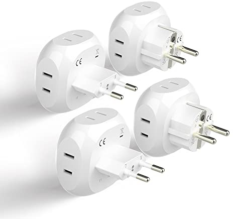Ceptics Europe Travel Adapter Plug Set Schuko - 4 Input - Ultra Compact - Light Weight Type C, Type E/F - USA to Any Type C E/F Countries Such as Germany, France- 4 Pack (PT-9-9C-4PK),White