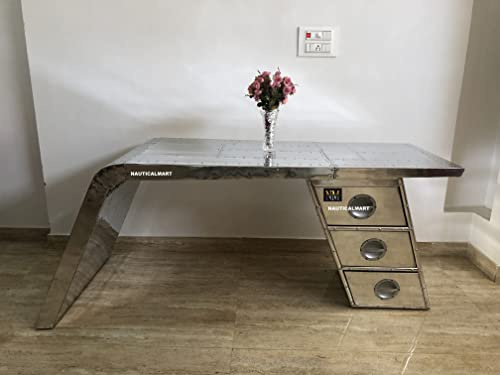 Nautical-Mart Aviator Wing Desk Aluminium Table Aviator Home Office Furniture (72 Inches, Three Drawer)