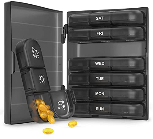 Scatola medicamento per 7 Giorni - 3 Scomparti - portapillole - portapillole - Porta Tablet - Dispenser settimanale scatola per medicinali con design semplice aperto (nero)