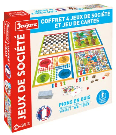 Jeujura - Coffret 4 Jeux de Société et Jeux de Cartes - Pions en Bois - Partager en Famille ou Entre Amis Le Plaisir du Jeu - Made in France - À partir de 3 Ans - 8456