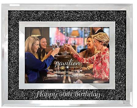 Pavilion - Happy 50th Birthday Picture Frame, Glass Photo Frame For Tabletop, Black Glitter Rhinestones Picture Frame, Birthday Gifts For Women, Bling Photo Frame, Overall Size: 7.25” x 9.25