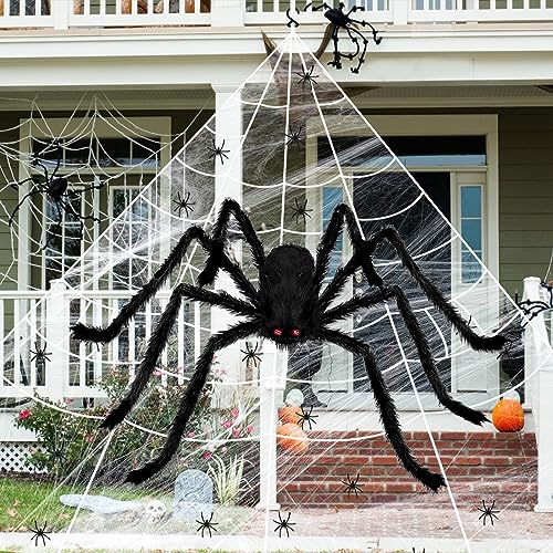 Timiyou Ragnatela di Halloween, 150cm Ragno Gigante Halloween Halloweens Spider Web Set 20 Mini Ragni, Ganci, Ragnatela Elastica e Punte di Terra per Halloweens, Giardino,Carnevale e Feste a Tema