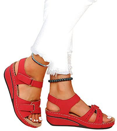 DRIMEE Sandali Donna Estive Tacco Zeppa Eleganti Comodi, Sandali Ortopedici da Donna, Scarpe Ortopediche, Sandali a Punta Aperta Ortopedici Premium Sandali Donna Estive Eleganti,Rosso,US7/EU38