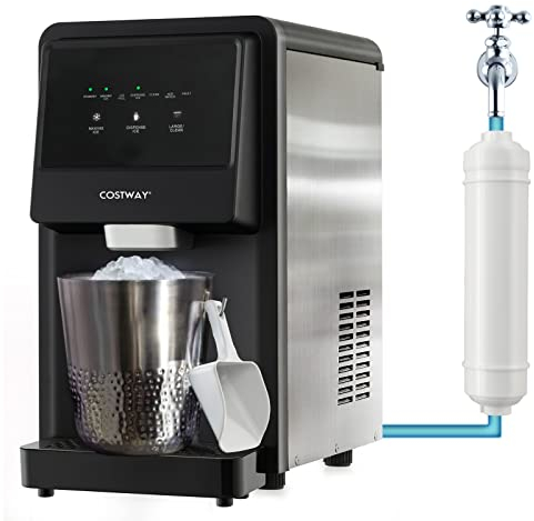 COSTWAY Máquina para Hacer Hielo de Pepita de Encimera con Dispensador Automático, Máximo 27 kg/24 h, Luz LED Azul, Metal Inoxidable, Portátil y Auto-Limpiante para Hogar, Oficina, Bar