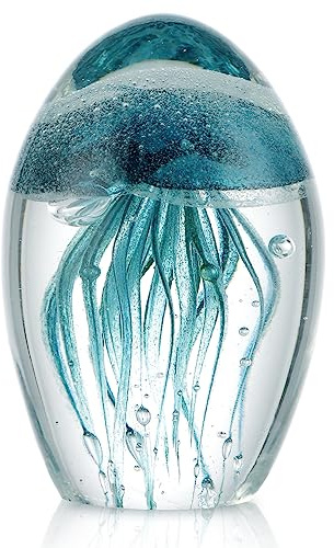 Sanbege Hand Blown Glass Jellyfish Figurine, Glow in The Dark Paperweight, Collectible Sea Creature Statue Decor for Home, Office, Party Decoration and Gift (Turquoise)