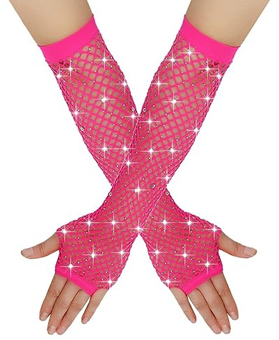 Yurosiay Guanti a rete lunghi con strass, da donna, colorati, senza dita, in rete, elastici, con strass, alla moda, senza dita, per danza degli anni '80, per feste in costume, colore nero, Rosa.,