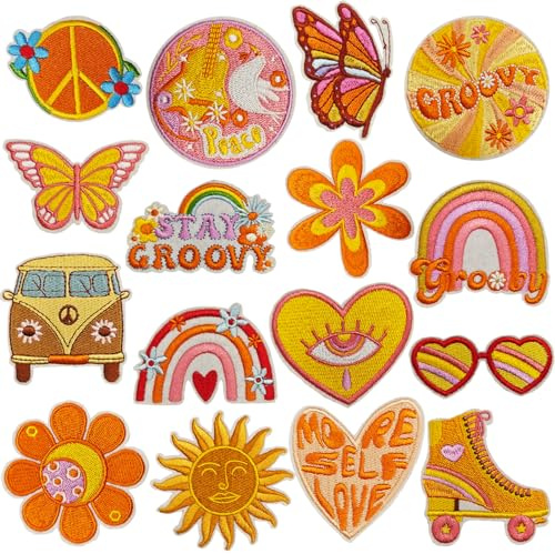 Qpout 16 Piezas Parches Hippie Planchar Parches Vintage Groovy Boho Signo de la Paz Bordado Reparación Parches Decorativos Kit para Coser Ropa Mochila Chaquetas Vaqueros Camisa DIY Decoraciones