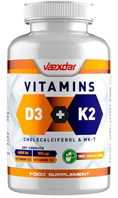 Vitamina D3 y K2 4000 UI - 120 Cápsulas Vegetales - Alta Potencia y Absorción - Suplemento para Huesos, Articulaciones y Sistema Inmunológico - D3 K2 MK7 con Máxima Biodisponibilidad