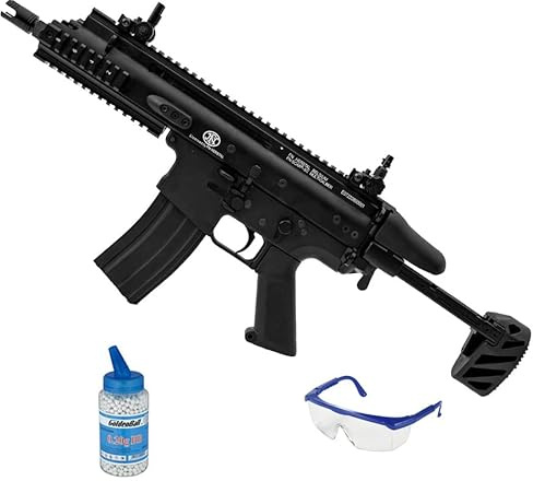 Fucile FN Scar-SC Nero elettrico (6 mm) | Pistola ad aria compressa per softair (pallini in PVC) Calibro 6 mm + bottiglia da 0,20 + occhiali protettivi (Potenza: 0,7 joule)
