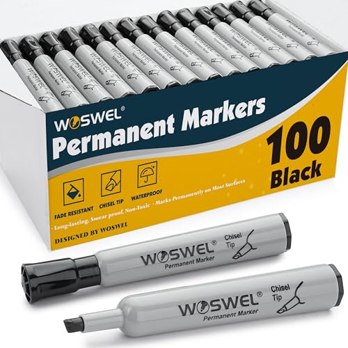 WOSWEL 100 Pack Permanent Markers Bulk, Chisel Tip, Black, Jumbo Thick Large Permanent Markers, Wide Tip Markers, Works on Plastic,Wood,Stone,Metal and More, Perfect for Signs and Posters