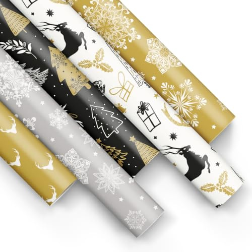 PAW - Papel de regalo 200x70cm - 5 rollos | Mezcla de 5 diseños | Elegante Papel Para Envolver Regalos para Navidad, Regalos de Invierno, Regalos, Cumpleaños - Elegante dorado, plateado