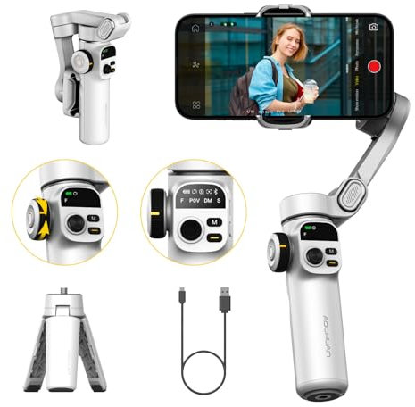 AOCHUAN Gimbal-Stabilisator für iPhone, Phone-Gimbal mit Gesichts/Objektverfolgung für Vlog, 3-Achsen-Telefon-Stabilisator mit OLED-Display für iPhone/Android-Smart X2 Weiß