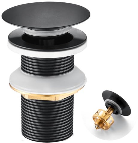 Kit de Bouchon Lavabo Auralum en Acier Inoxydable, Pop Up Bonde Lavabo avec Crépine en Laiton, Écrou de Blocage en Laiton, Bonde de Vidange Noire pour Lavabos et Vasques