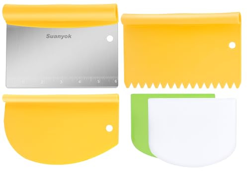 Suanyok Bench Scraper Food Vegetable Chopper,Stainless Steel Pizza Dough Scraper-Flexible Plastic Bowl/Cake Scraper 5-Piece Set,Bread/Pastry/Pizza/Flour/Cheese Cutter (Yellow)