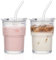INSETLAN 380ml Glass Tumbler with Lid and Straw 2 Pack - Ribbed Glass Cup Iced Coffee Glasses, Clear Leakproof Tumbler Cup for Smoothies, Iced Latte,Matcha, Cold Drinks (2)
