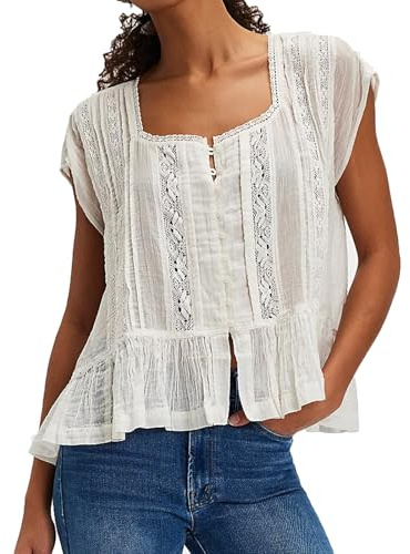 Blusa de encaje con volantes para mujer, con botones, manga corta, peplum, campesina, bohemia