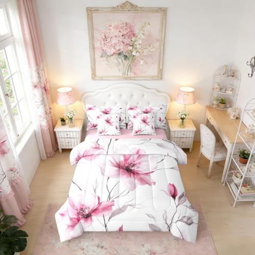 Erosebridal Boho Flower Queen Comforter Set with Sheets, Pink Floral 7 Pcs Bedding Set for Young Women Girls Adults, Elegant Watercolor Flower Bed Sets, Ink Painting Style Blossom & Leaf Bed in A Bag
