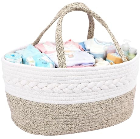 Zorplex Panier Rangement Bébé, Grand Organisateur de Couches avec Compartiments et Poignées, Panier Portable en Corde de Coton pour Table à Langer, Accessoires Nouveau-né et Cadeau de Naissance