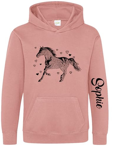 Personalised Horse Hoodie for Girls - Custom Name Sleeve Print - Equestrian Hooded Top for Daughter or Niece - Hearts Design - Equestrianism Kids Gift, 3-4 Years, Dusty Pink