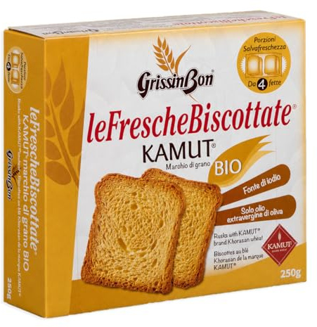 Le Fresche Biscottate Grissin Bon con Grano KAMUT, Fette Biscottate Croccanti con Olio Extravergine di Oliva, Fonte di Iodio, Porzioni Salva Freschezza 250g